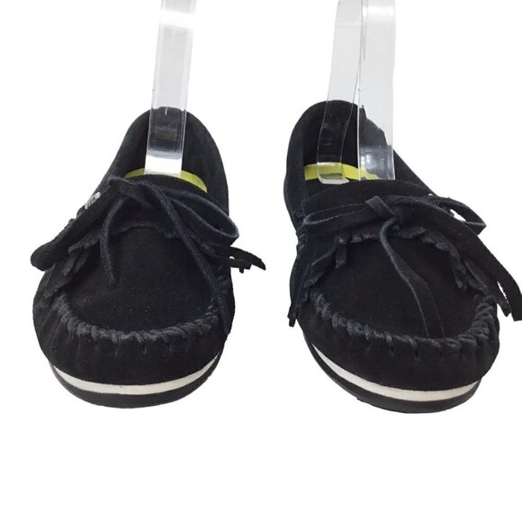 Minnetonka Moccasins Black Kilty Fringe Suede Hardsole Size 5.5 Driving Moc 4300 - Picture 4 of 9
